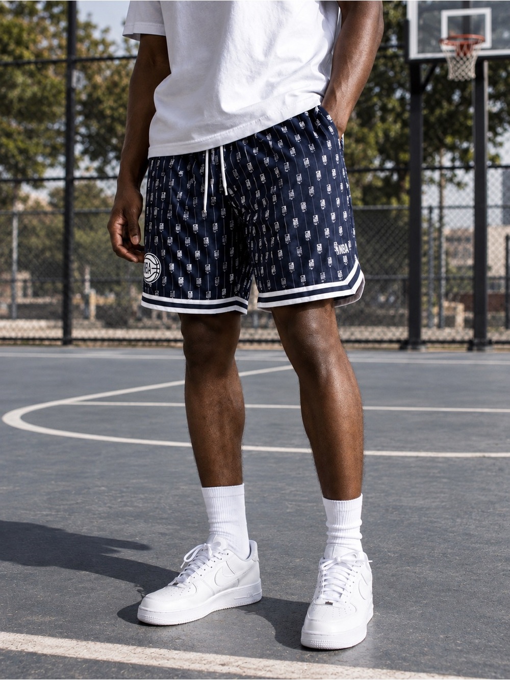 NBA Navy & White Repeat-Logo Athletic Shorts